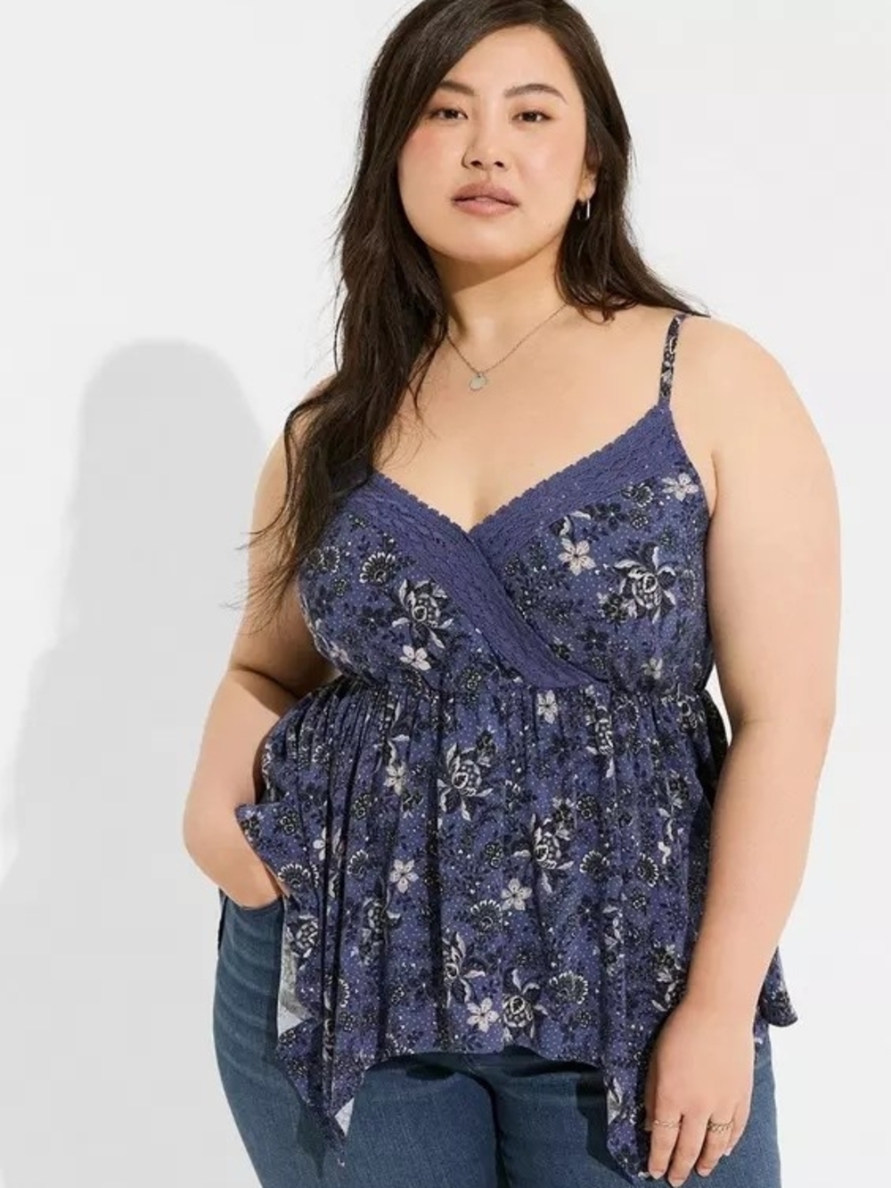 Torrid Floral Lace-Trim V-Neck Peplum Cami Top - Blue Size 0X (L)